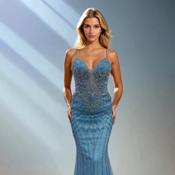 New Mermaid Long Prom Gown w/ Illusion Deep V-Neck & Beads Embroidery JT2709T - Picture 1 of 8